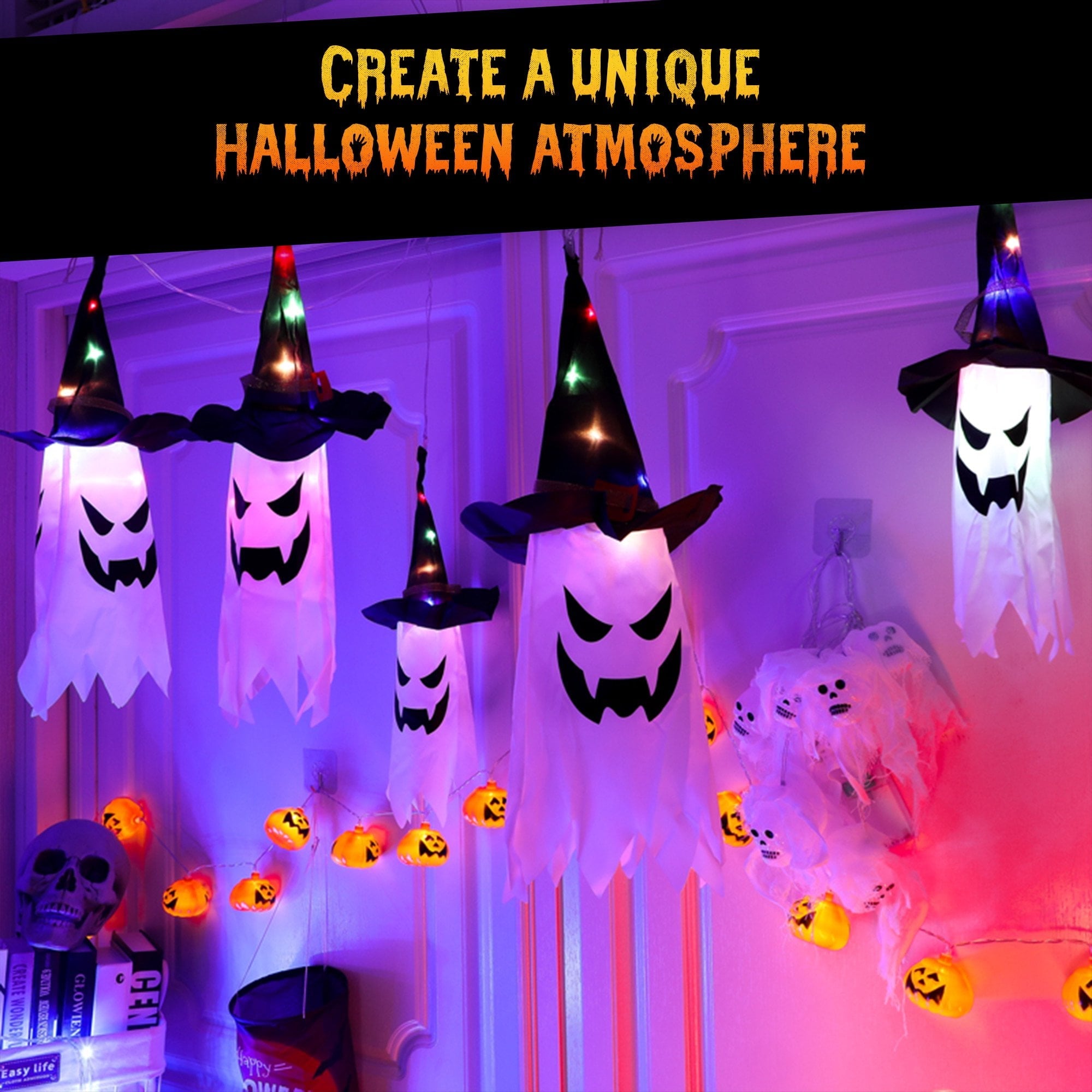 Halloween Decorations Outdoor - 5 PCS Hanging Halloween Lighted Glowing Ghost Witch Hat With LED String Lights