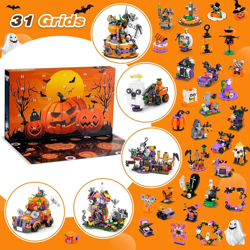 31-Day Halloween Advent Calendar | Spooky Haunted House, Ghosts, Bats & Pumpkins Building Block